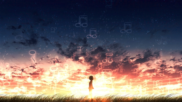 Anime girl watching musical notes at sunset 4K