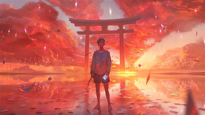 Anime Boy at Sunset Torii Gate 4K