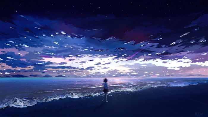 Anime girl on beach at sunrise 4K