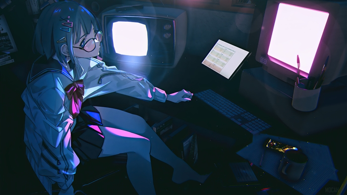 Anime girl in school uniform at a desk with computers