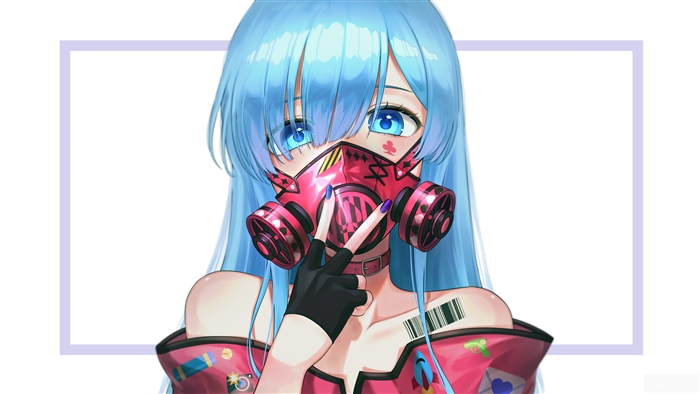 Anime Girl with Blue Hair and Gas Mask 4K