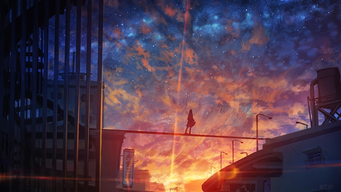 Anime girl on a bridge at sunset with starry sky