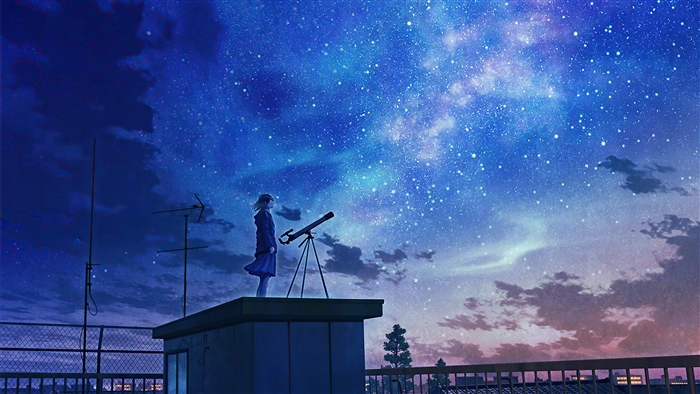 Anime girl stargazing with telescope on rooftop 4K