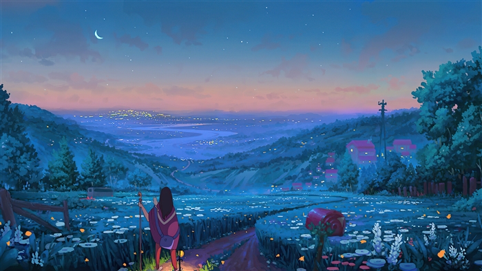 Anime girl with backpack and staff overlooking a valley at dusk