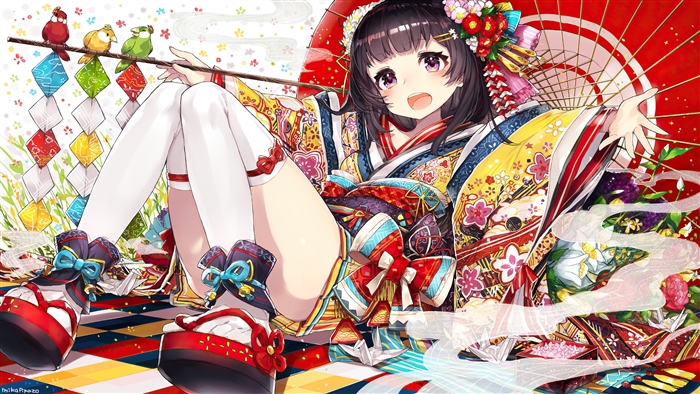 Cute Anime Girl in Colorful Kimono 4K