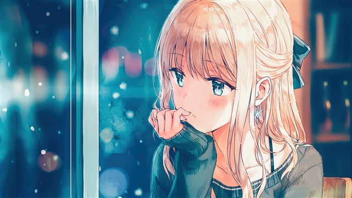Thoughtful Blonde Anime Girl in Blue Tones 4K