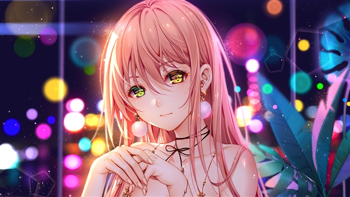 Beautiful Pink-Haired Anime Girl in Vibrant Night Lights 4K