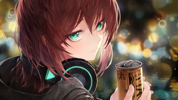 Anime Girl with Headphones Holding Coffee Can 4K
