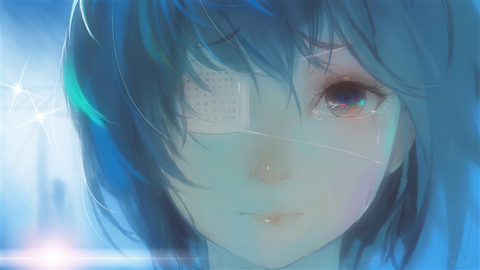 Anime girl with eyepatch crying 4K