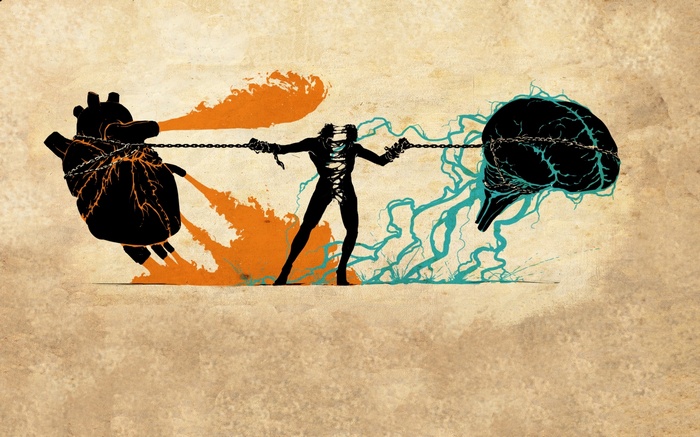 Artwork of a person chained between a heart and a brain