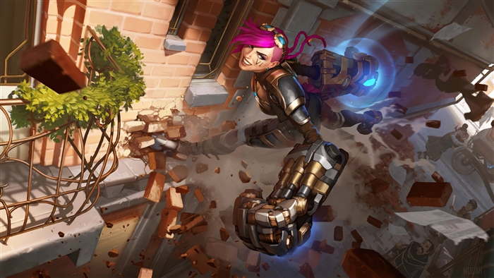 Vi from League of Legends breaking through a wall