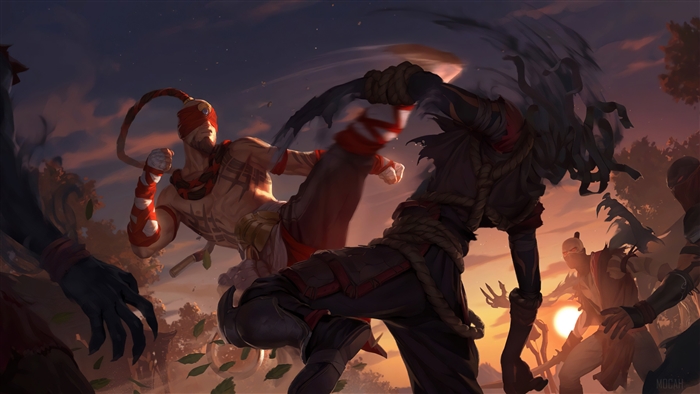 Lee Sin from League of Legends fighting shadow creatures