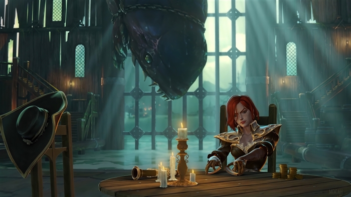 Miss Fortune from League of Legends in a dimly lit room