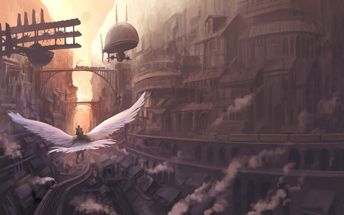 Steampunk city with a winged creature and airships