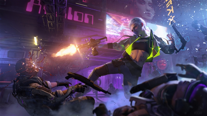 Woman from Cyberpunk 2077 shooting a gun