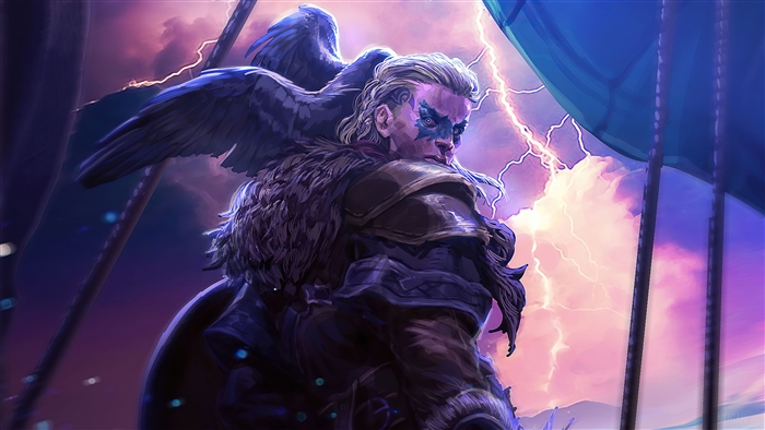 Eivor from Assassin's Creed Valhalla with a raven