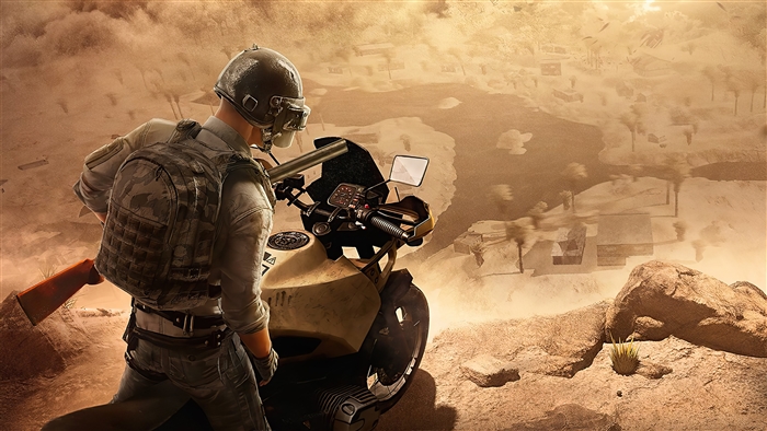 PlayerUnknown's Battlegrounds character on a motorcycle in a sandstorm