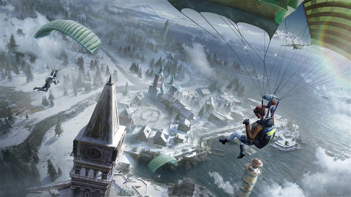 PlayerUnknown's Battlegrounds players parachuting into a snowy town