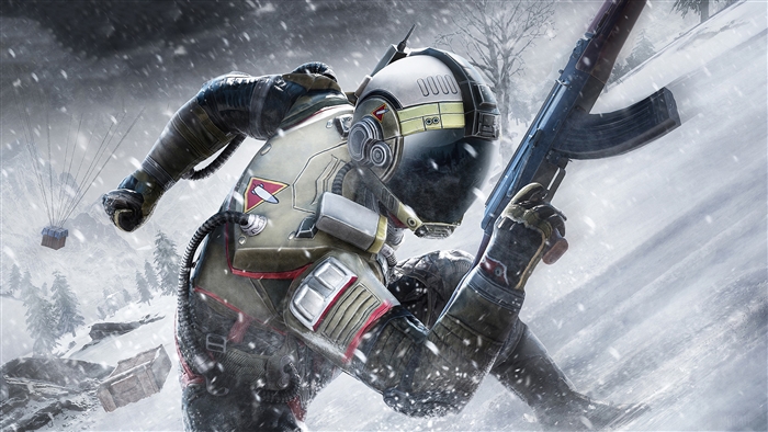 Player in PUBG Mobile suit with rifle in snowy mountains