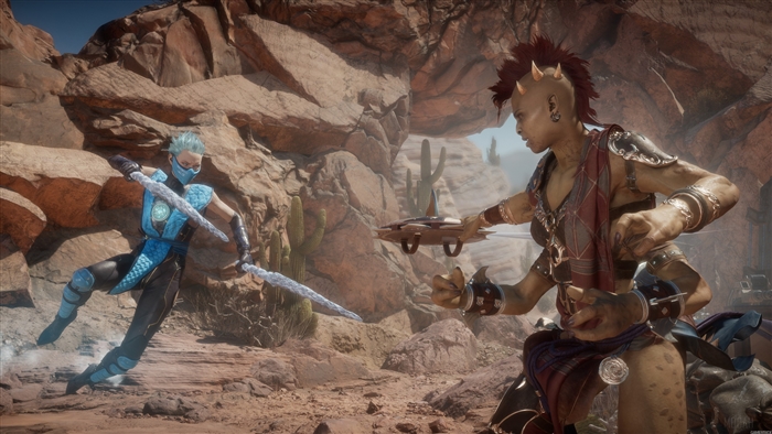 Sheeva and Frost from Mortal Kombat 11 in a desert arena