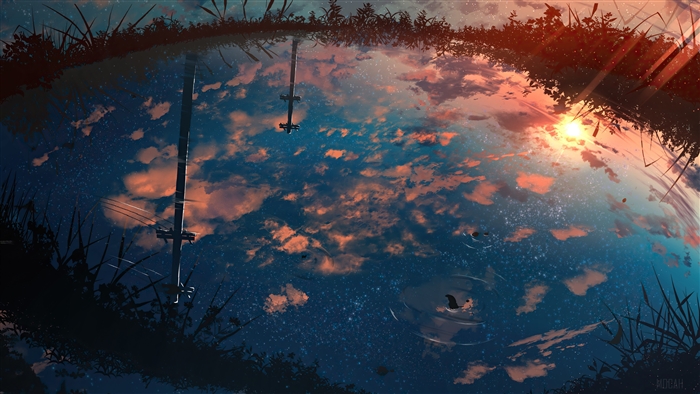 Anime reflection of sunset sky and power lines in water