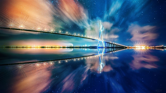 Cable-stayed bridge at night with reflection and stars