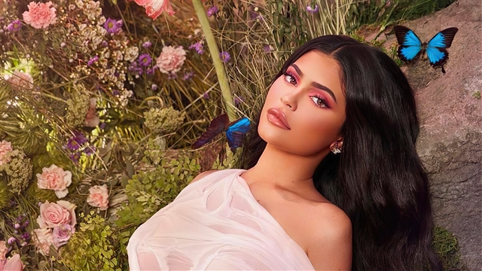 Kylie Jenner with butterflies and flowers 4K