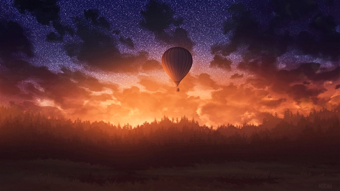Hot Air Balloon over Forest at Sunset 4K