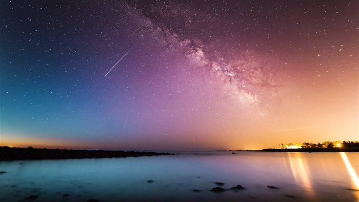 Starry Night Sky Over Calm Seashore 4k