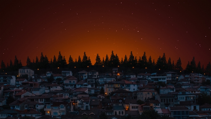 Houses on a hill at night with stars
