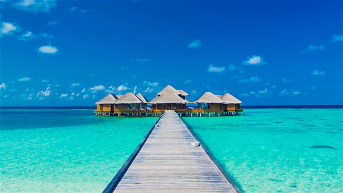 Overwater bungalows with a wooden pier in turquoise water