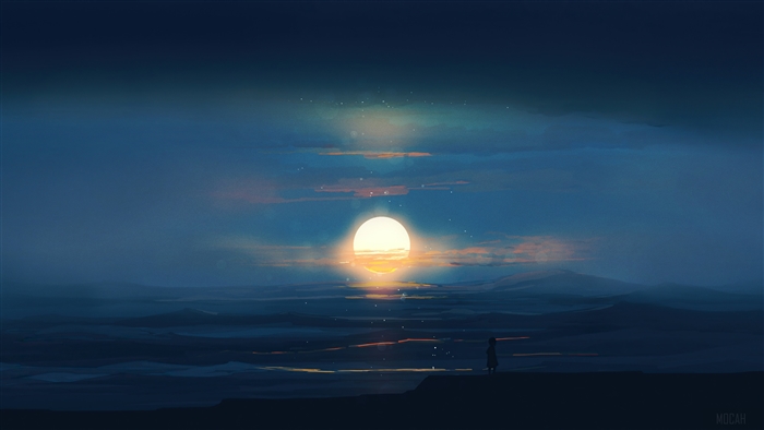 Sunset over the ocean with a lone figure