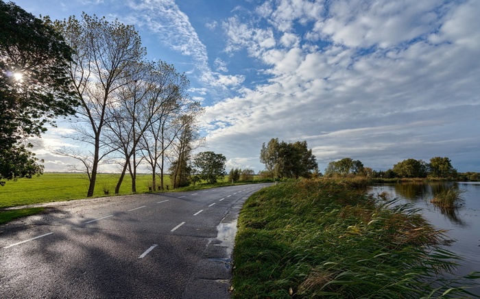 Road curving alongside a body of water with trees and clouds