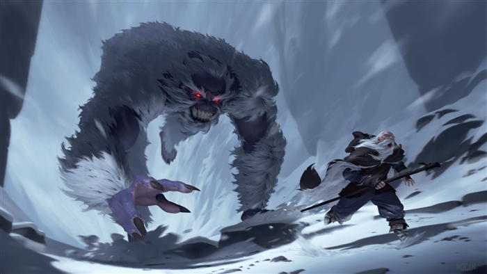 Yeti attacking an old man in Legends of Runeterra 4K