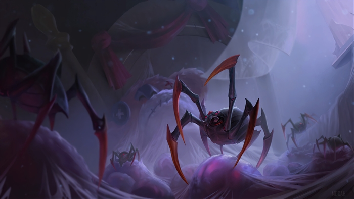 Spiders in a web-filled environment from Legends of Runeterra 4K