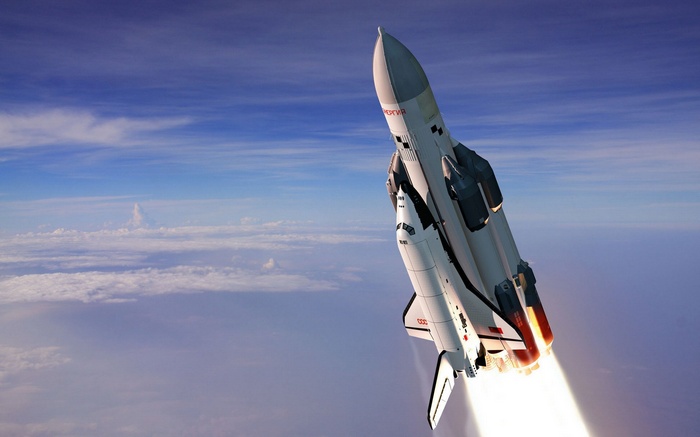Buran Russian Space Shuttle Launching into Blue Sky