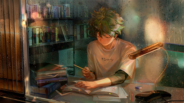 Izuku Midoriya Studying Under Warm Light 4K