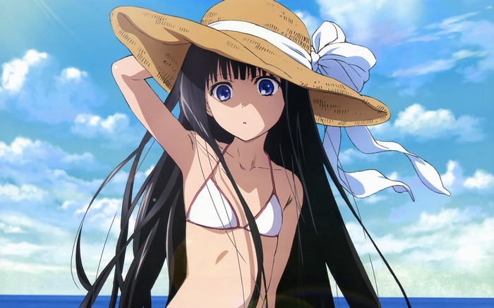 Yuuko in Black Bikini and Straw Hat on Beach