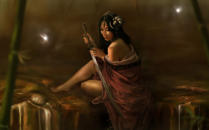 Fantasy Woman with Katana in Mystical Forest