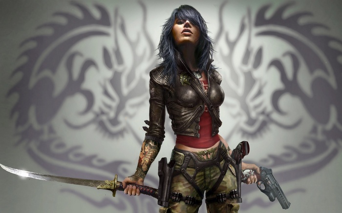 Woman with sword and gun, dragon background