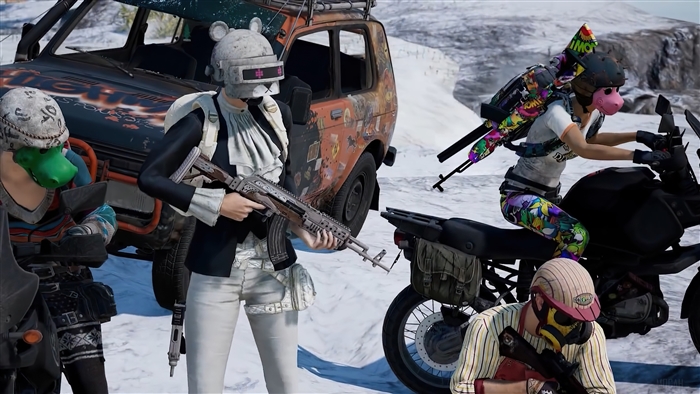 PlayerUnknown's Battlegrounds squad with vehicles and weapons