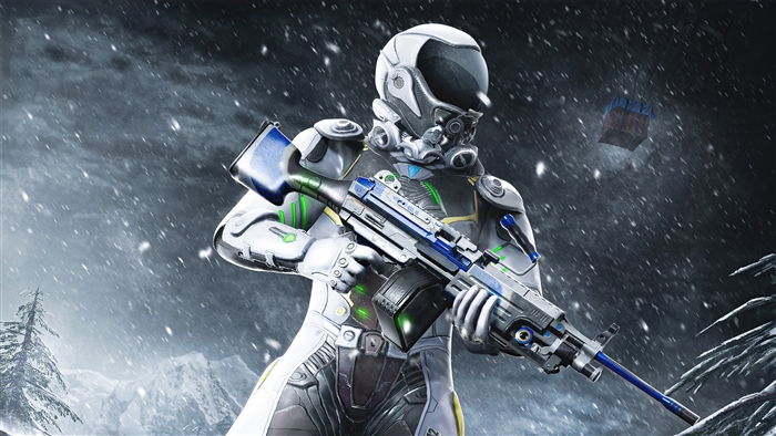 Soldier in futuristic armor with a rifle in a snowy landscape