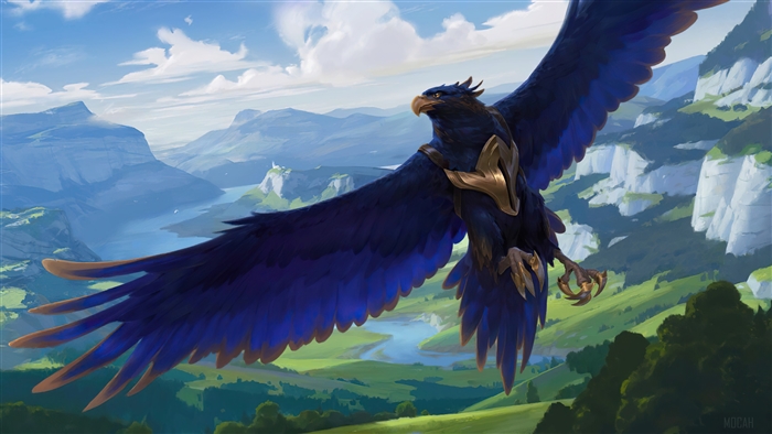 Valor from Legends of Runeterra flying over mountains