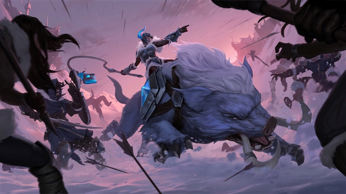 Sejuani from League of Legends riding a boar in battle