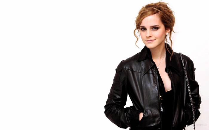 Emma Watson wearing a black leather jacket