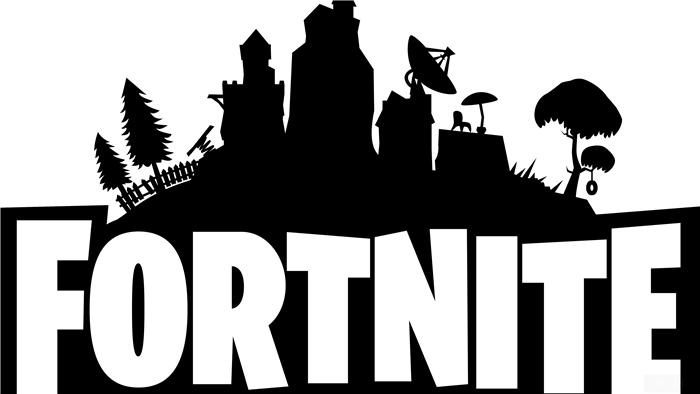 Fortnite logo with buildings and trees