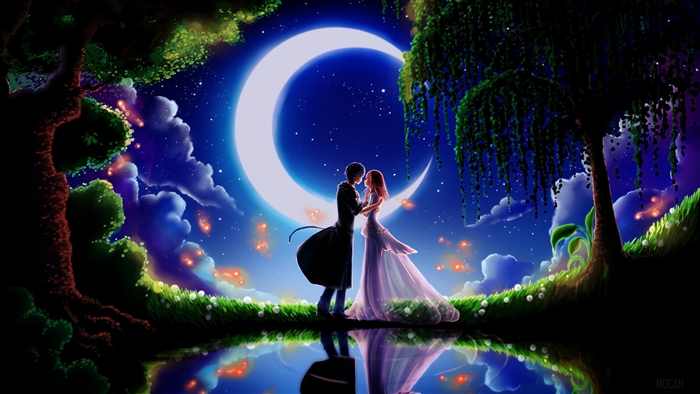 Romantic Couple Under Glowing Crescent Moon 4K
