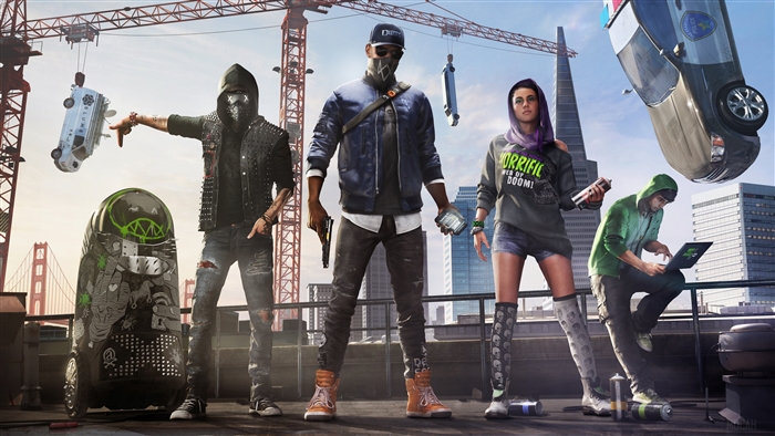 Watch Dogs 2 characters with San Francisco skyline