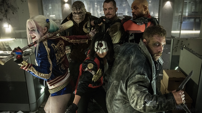Suicide Squad characters Harley Quinn, Katana, Killer Croc, Deadshot, Captain Boomerang, and Diablo