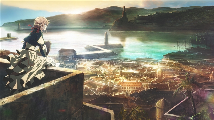Violet Evergarden 4K overlooking a city and harbor